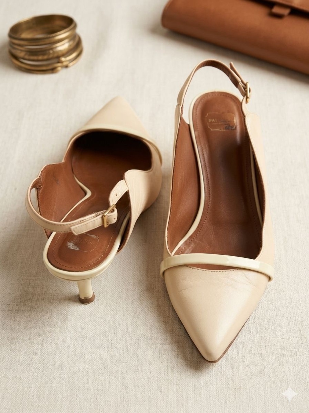 Malone Souliers Beige Pointed Slingback Kitten Heels